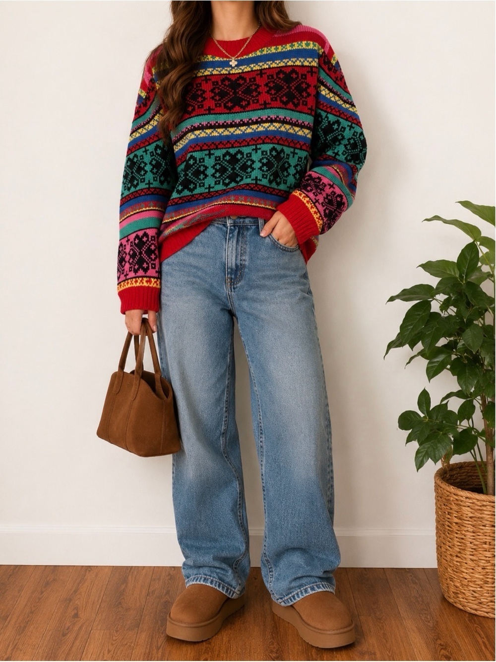 Vintage 80s Fair Isle Rainbow Sweater – Bright Geometric Knit Retro Ski Lodge M